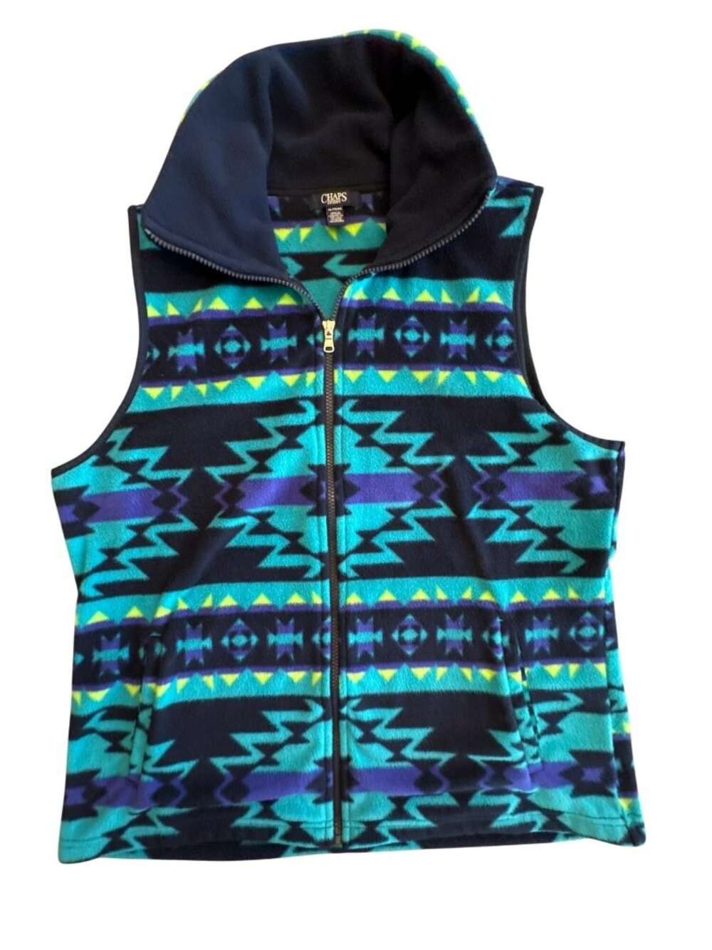 Chaps Sport Fleece Vest XL Aztec Southwestern Blue Colorful Full-Zip Boho